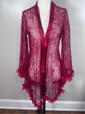 Unbranded Red Sheer Open Front Ruffled Lace Feminine Whimsygoth Fairy Robe Sz L